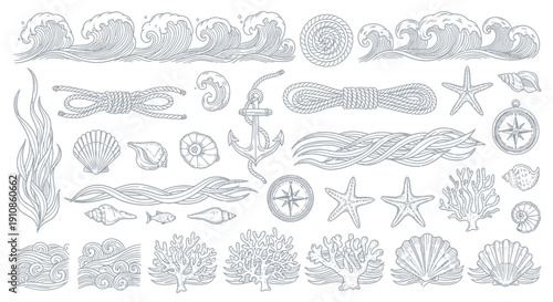 Nautical Hand-Drawn Decorative Border Elements with Sea Icons