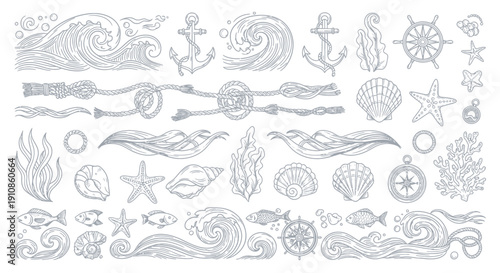 Nautical Hand-Drawn Decorative Border Elements with Sea Icons