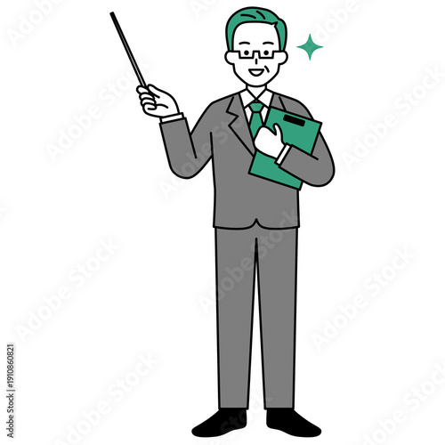 指示棒で説明する中年のスーツの男性（全身）