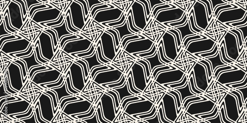 Vector seamless pattern with monochrome star lattice and quirky linear grid. Abstract texture with unusual outline waves, flowing line mesh design. Black and white background for modern decor, print