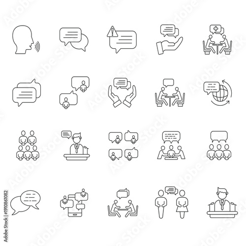 Modern speaking and communication icon set in editable vector style.