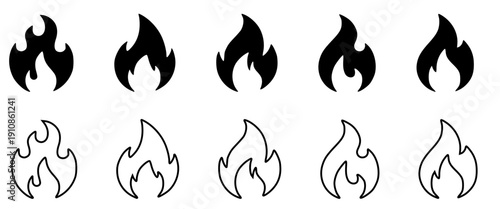 Fire icon collection. Fire flame Icon. Bonfire silhouette symbol. Flames logotype set flat style - solid and stock vector icon illustration.
