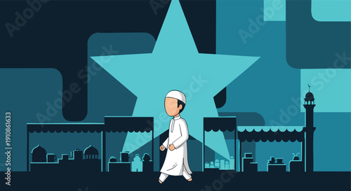 Muslim Boy Walking Through Festive Market with Mosque Silhouette
