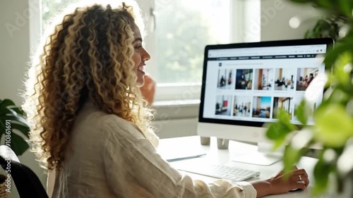 Woman at Work: An intelligent woman with radiant, curly hair, engrossed in her computer, embodies the modern professional, working from a bright, sunlit space and demonstrating focus and ambition.