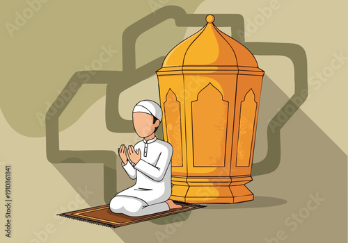 Muslim Boy Praying. Islamic Worship. Ramadan Lantern. Religious Devotion.