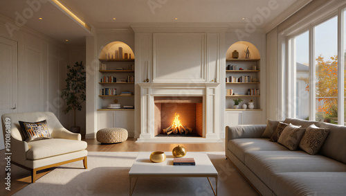 Schilderij op canvas Cozy living room with a fireplace and large windows