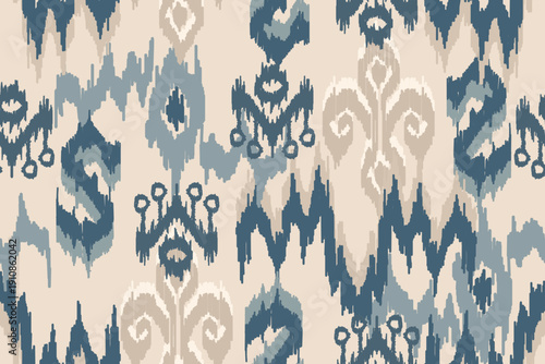 Seamless ikat pattern with geometric ethnic motifs. Abstract tribal background for wallpaper, textiles, traditional bohemian, Design for wallpaper, fabric, clothing, carpet, textile, batik