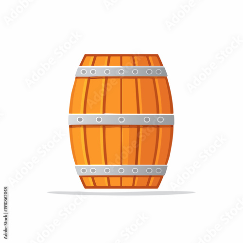 Wooden Barrel with Steel Hoops, Illustration, Flat Design, Isolated