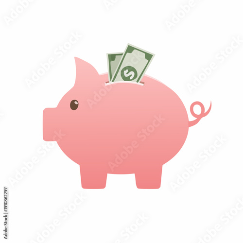 Pink piggy bank with money banknotes savings and financial concept