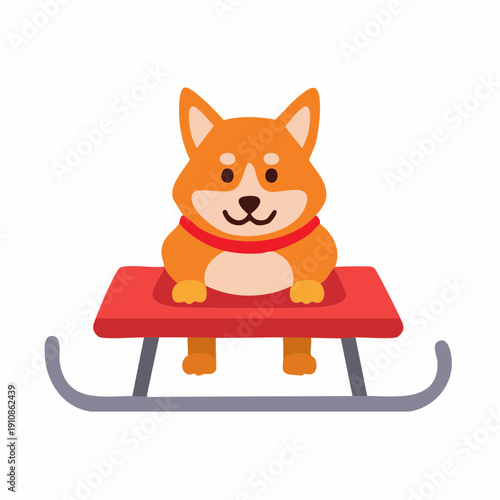Cartoon Shiba Inu dog enjoying a sled ride, winter fun and play