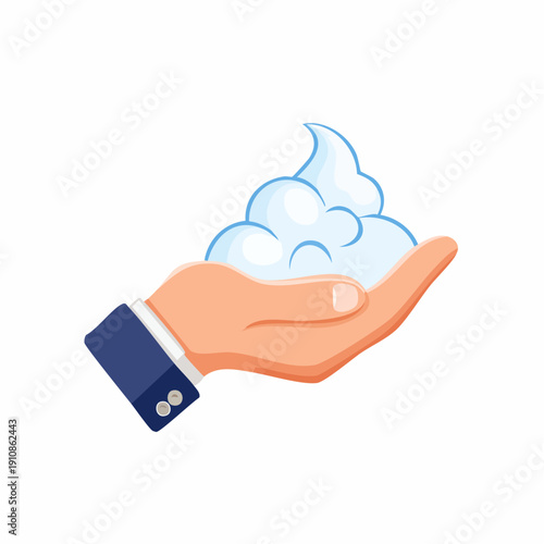 Hand holding fluffy shaving foam or whipped cream, graphic illustration.