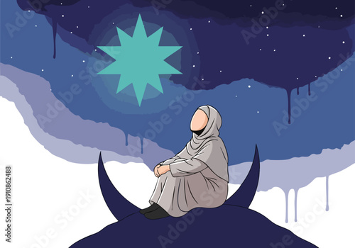 Woman in Hijab on Crescent Moon, Starry Night Sky. Mystical Celestial Illustration.