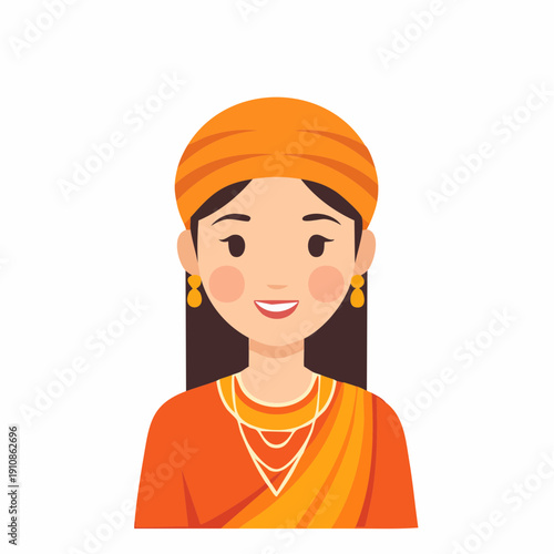 Smiling woman in traditional orange turban and jewelry