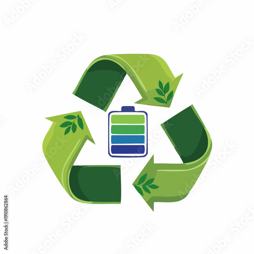 Recycle symbol with battery icon and leaves, environment sustainability concept