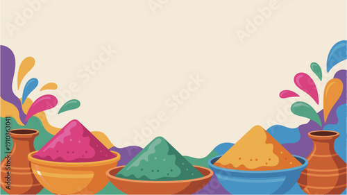 Holi festival background with traditional bowls of color powder and decorative pottery vessels