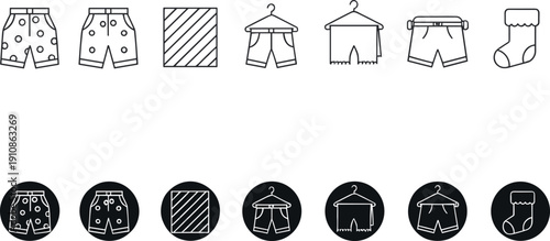 Minimal black and white clothing icon set featuring shorts, pants, underwear, sock and fabric swatch for fashion and laundry design