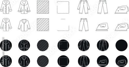 Minimal black and white apparel and laundry icon set with shirt, jacket, pants, fabric swatches and ironing symbols