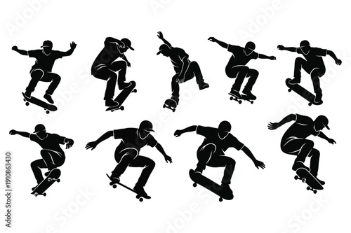 Skateboarder in various dynamic poses on skateboard
