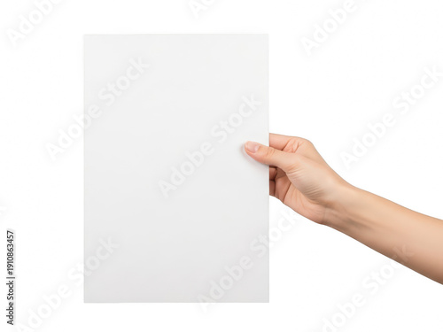 A hand holding a blank white piece of paper isolated on transparent background
