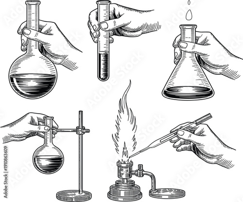 Vintage hand drawn laboratory science vector icons, chemistry experiment with glass flasks and burner set