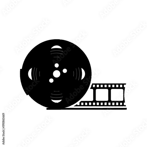 Simple outline icon of a classic film reel with strip of movie footage ready for projection on transparent background