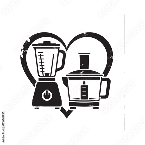 A black and white illustration depicts a blender and food processor inside a heart shaped outline