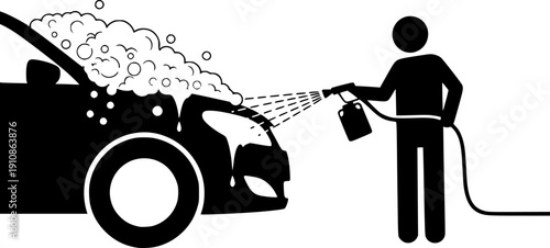 Worker spraying active foam on a car silhouette: Design for car wash signage, auto detailing services, or maintenance service flyers. Transparent background EPS version.