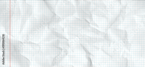 Square pattern texture perfect for school or education themes. Crumpled white paper background with vintage notebook blue graph grid and red line. Vector illustration bg for collage .