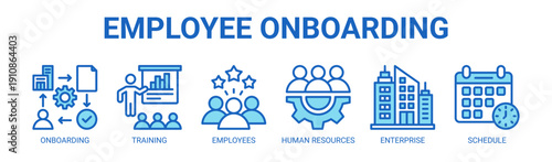 Employee Onboarding web banner icon vector illustration concept with icon of onboarding, training, employees, human resources, enterprise, and schedule.