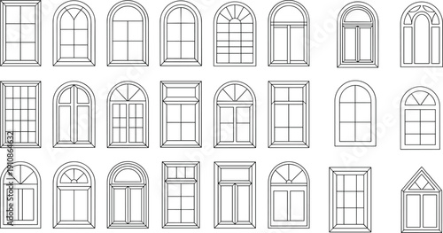 Architectural window styles, decorative illustration, black and white design, pane variations, building inspiration, home decor, renovation reference, visual architecture art