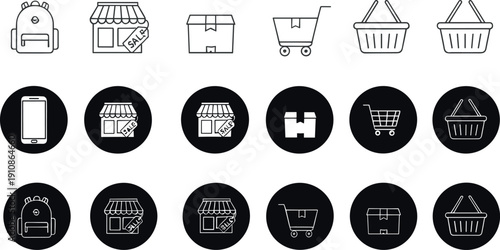 Minimal black and white e-commerce and retail icon set featuring shop, delivery, cart, basket, truck and mobile shopping symbols