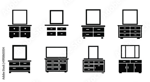 Black and white illustrations of various tv cabinet and console designs