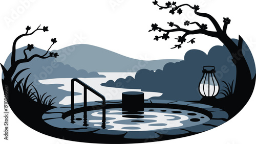 Stylized Landscape Illustration of a Traditional Japanese Outdoor Hot Spring Onsen with Stone Pool and Scenic Mountain View