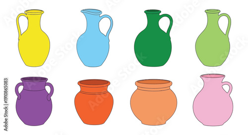 Colorful collection of ceramic jugs and vases arranged in two rows