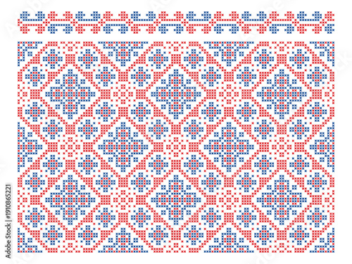 Geometric Ukrainian cross stitch embroidery vyshyvanka pattern with prosperity symbols and simplified infinity meander border in red and blue colors