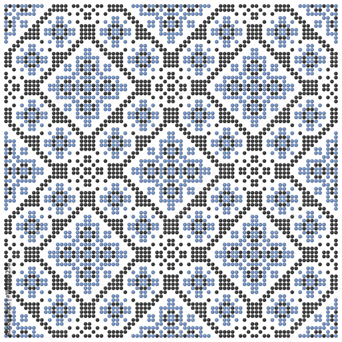 Ukrainian folk geometric motif with prosperity symbols in seamless modern beaded style tile pattern in blue and black colors