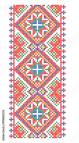 Colorful repeated ornament with Altair star in dotted style, Ukrainian traditional embroidery pattern of Dnipro region
