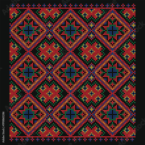 Colorful repeated ornament with Altair star in beaded style on black background, Ukrainian pattern of Dnipro region