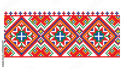Colorful repeated ornament with Altair star from south Ukraine, Dnipro region national vyshyvanka embroidery pattern