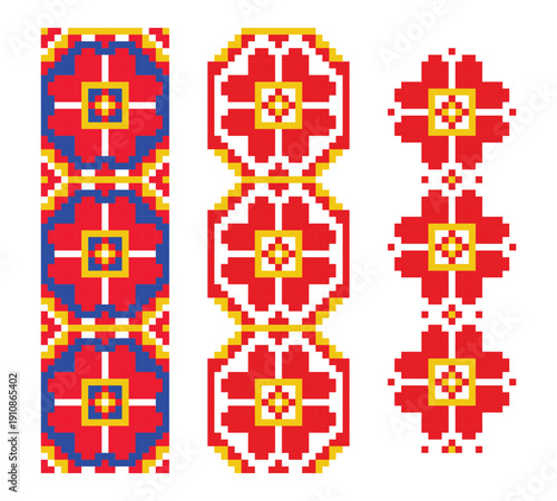 Vivid Ukrainian Dnipro region ornaments set with red floral traditional embroidery pattern