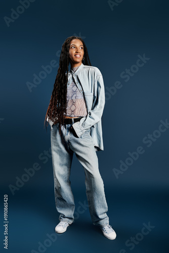 Photography Fashionable young woman exuding confidence in trendy denim outfit and stylish sn