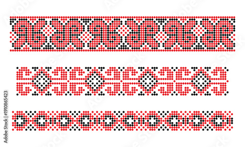 Collection of geometric Ukrainian ornaments with infinity symbol from Dnipro in red and black colors, dotted style