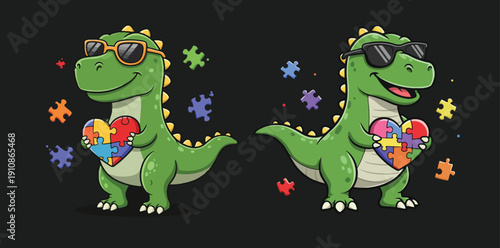 Two green dinosaurs wearing sunglasses and heart shaped sunglasses on black background with colorful stars