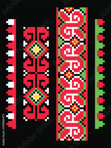 Vibrant traditional Dnipro patterns for stock vector design on black background. Traditional color palette of red and green, symbolizing life, energy