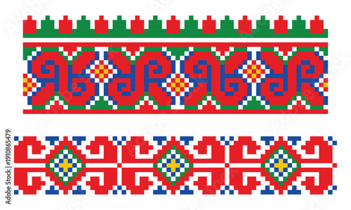 Authentic Ukrainian embroidery border patterns with infinity symbol, Dnipro region embroidery style with traditional geometric motifs
