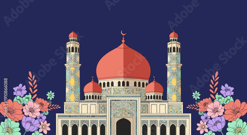 Beautiful illustration of a mosque with intricate patterns, flanked by colorful flowers, under a crescent moon, symbolizing Islamic culture and celebration.