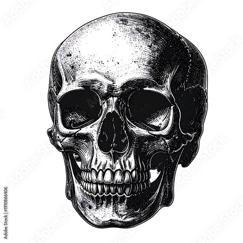 Highly detailed, black and white skull illustration with weathered, organic textures, isolated on white