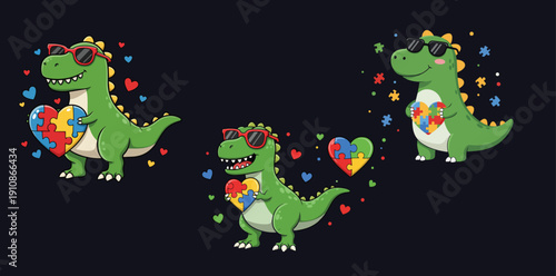 Three green dinosaurs wearing sunglasses with rainbow hearts and confetti on a black background