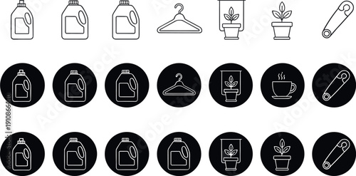 Minimal black and white laundry, clothing care and household icon set featuring detergent, hanger, plants and lint roller