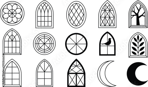 Black and white gothic window designs, cathedral style tracery, crescent moon symbols, geometric patterns, nature inspired elements, architectural illustration art